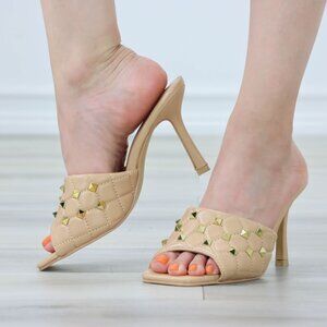 Beige Quilted Studded Mules Open Toe Slip On Stiletto Heel Gold Pyramid Detail